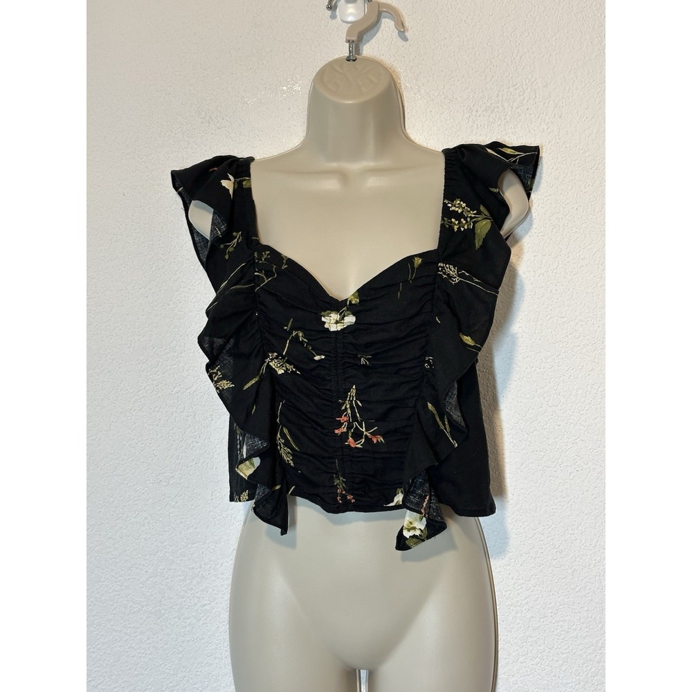 Y2K Smocked Babydoll Milkmaid Top Sz L Ruffle Crop Dark Floral Coquette Whimsigo